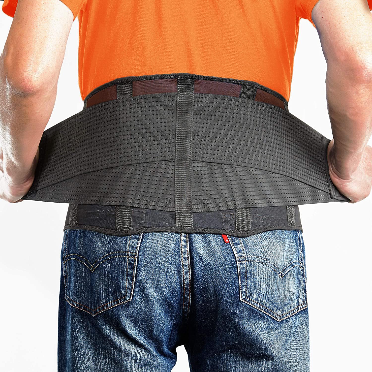 OMAX Lumbar Back Brace Immediate Lower Back Pain Relief, Dual Adjustable Support Belt for Men/Women for Work, Breathable Mesh Waist Brace for Herniated Disc, Sciatica, Black, X Large 43"-48"