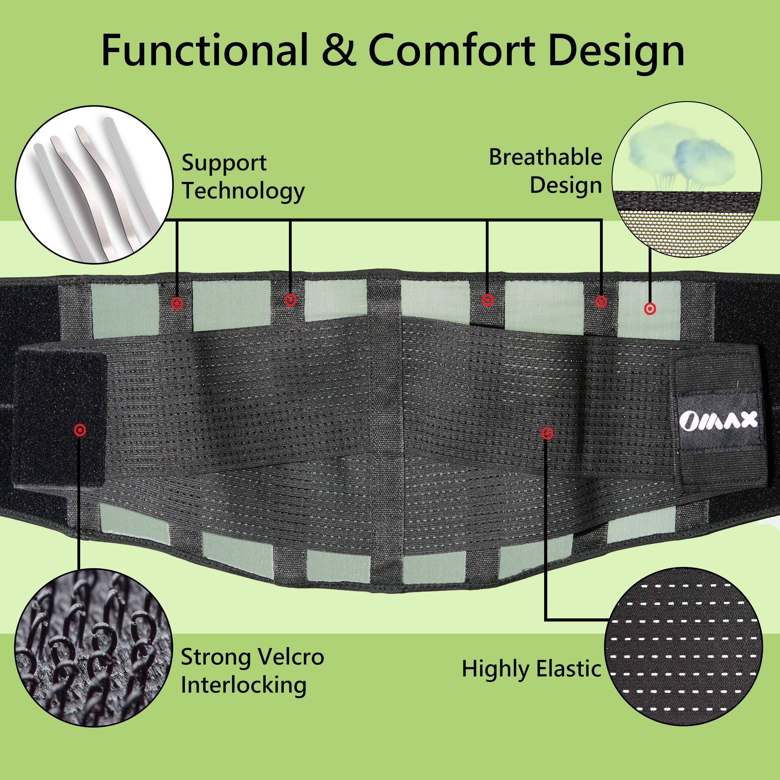 OMAX Lumbar Back Brace Immediate Lower Back Pain Relief, Dual Adjustable Support Belt for Men/Women for Work, Breathable Mesh Waist Brace for Herniated Disc, Sciatica, Black, X Large 43"-48"