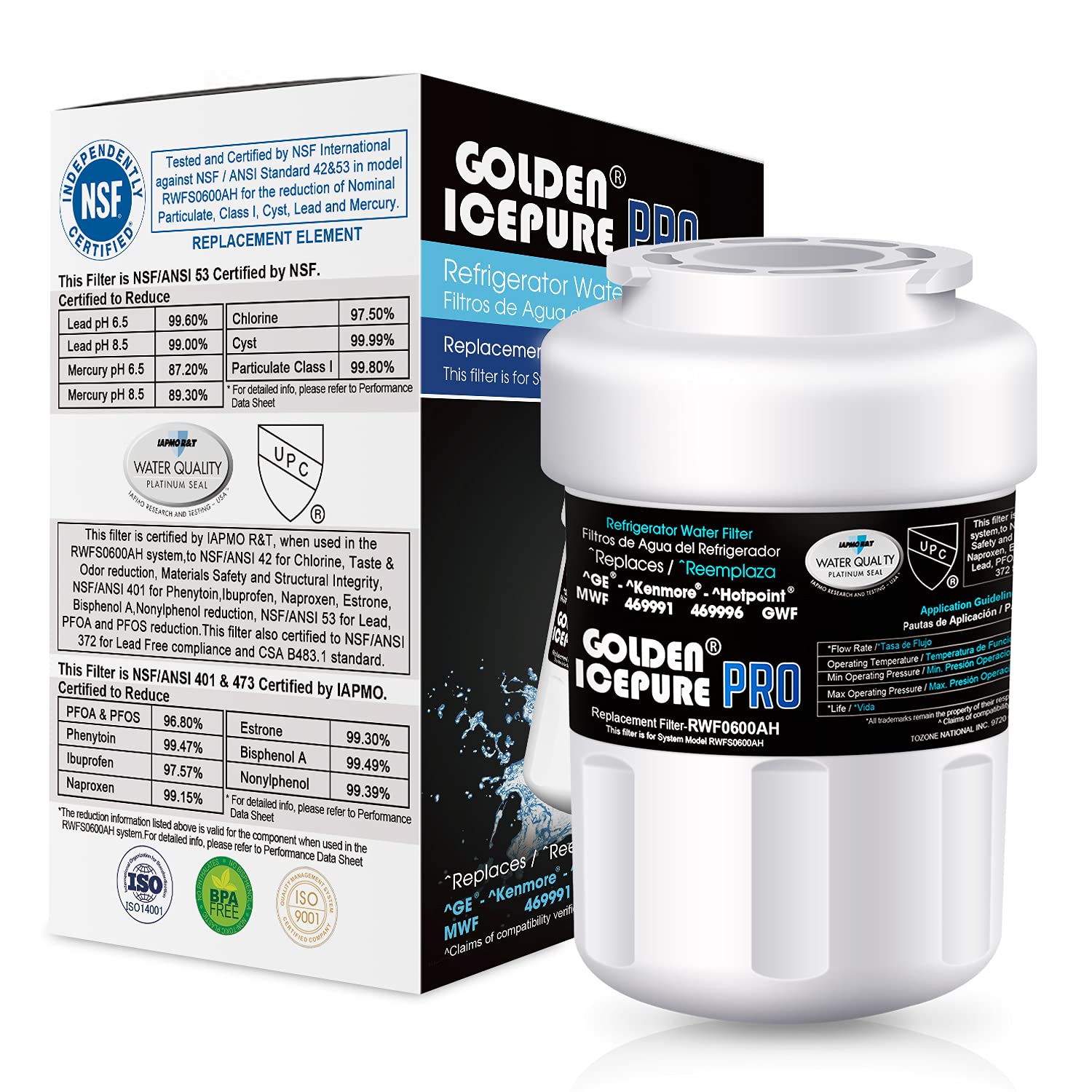 GOLDEN ICEPURE MWF Replacement for GE SmartWater FMG-1, WFC1201, MWFA, MWFP, PF8, RWF1060, Kenmore 469991, GWF, GWFA, RWF0600A, GSE25GSHECSS, 197D6321P006 Refrigerator 1PACK