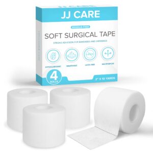 jj care soft surgical tape [pack of 4], 2” x 10 yards soft cloth tape, latex-free cloth medical tape for first aid, breathable cloth surgical tape, hypoallergenic adhesive