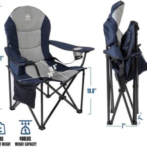 Coastrail Outdoor Camping Chair Oversized Padded Folding Quad Arm Chairs with Lumbar Back Support, Cooler Bag, Cup Holder & Side Pocket, Extra Head Pocket, Supports 400 lbs (Blue, Modern)