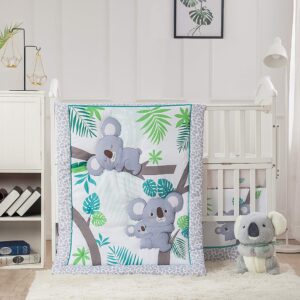 la premura baby koala nursery crib bedding set, 3 piece standard size crib set, grey and green, unisex nursey bedding and neutral decor