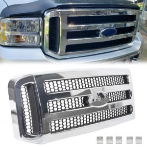 jmtaat front grille assembly compatible with ford 2005-2007 superduty f250 f350 f450 f-250 f-350 f-450 chrome with gray honey comb replacement for fo1200456 5c3z8200baa (without emblem)