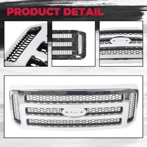 JMTAAT Front Grille Assembly Compatible with Ford 2005-2007 SuperDuty F250 F350 F450 F-250 F-350 F-450 Chrome With Gray Honey Comb Replacement for FO1200456 5C3Z8200BAA (Without Emblem)