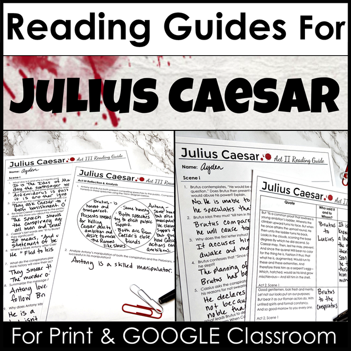 Novel Study for Julius Caesar by William Shakespeare - Five Reading Guides (Study Guides) for Print and Google Classroom