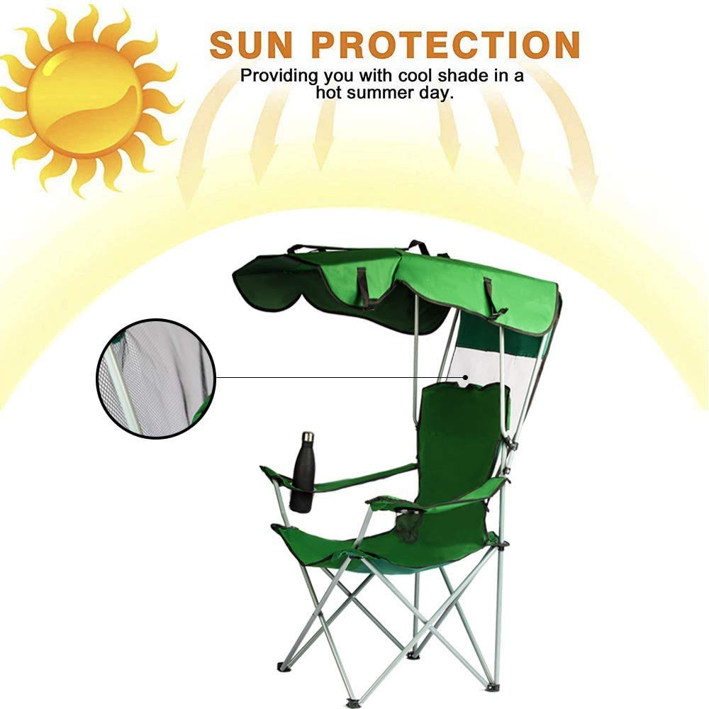 Camping Chairs with Canopy, Portable Quad Lawn Chair for Adults, Folding Recliner Chair with Shade and Cup Holder Outdoor Events,Support 350 LBS… Green