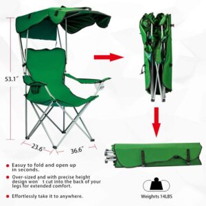 Camping Chairs with Canopy, Portable Quad Lawn Chair for Adults, Folding Recliner Chair with Shade and Cup Holder Outdoor Events,Support 350 LBS… Green