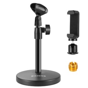 BILIONE 3 in 1 Multi-Function Desktop Microphone Stand, Adjustable Table Mic Stand with Microphone Clip, Cell Phone Clip, 5/8" Male to 3/8" Female Metal Adapter