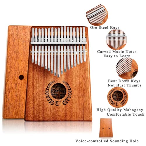 Everjoys Kalimba Thumb Piano 17 Keys, Professional Musical Instrument Finger Piano Marimbas with Portable Soft Cloth Bag, Fast to Learn Songbook, Tuning Hammer, All in One Kit