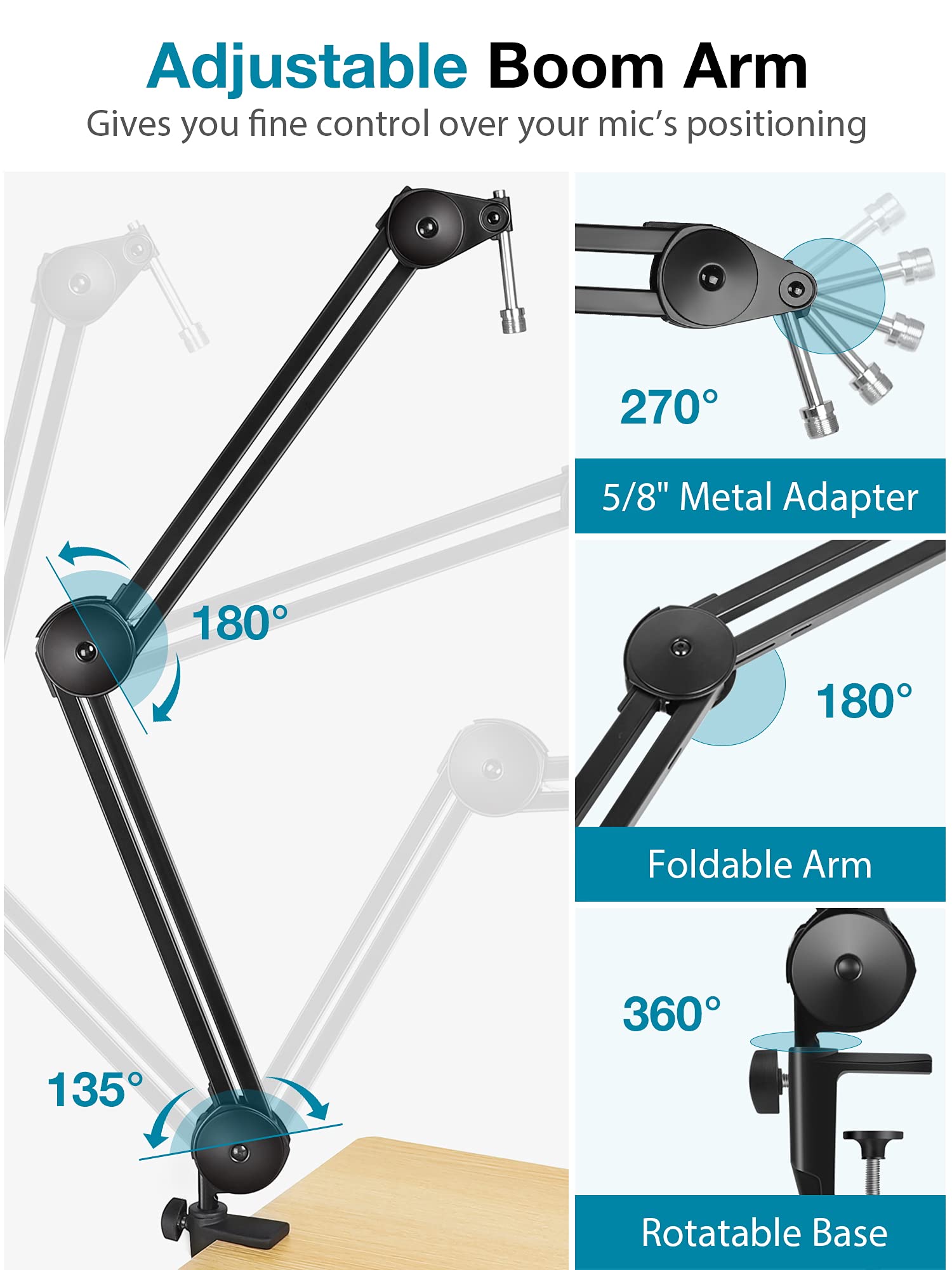 InnoGear Microphone Arm Stand, Heavy Duty Suspension Mic Boom Scissor with Mic Clip,Pop Filter,Windscreen,5/8in to 3/8in,5/8in to 1/4in Adapter,Cable Ties for Blue Yeti Nano Snowball Other Mics Black