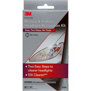 3m auto restore and protect headlight restoration kit, use on plastic lenses, headlights, taillight, fog lights and more, includes sanding discs, headlight clear coat wipes, foam pad and glove (39194)