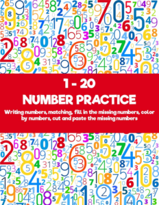 1 - 20 number practice - writing numbers - matching - fill in the missing numbers - color by numbers - cut and paste the missing numbers worksheets