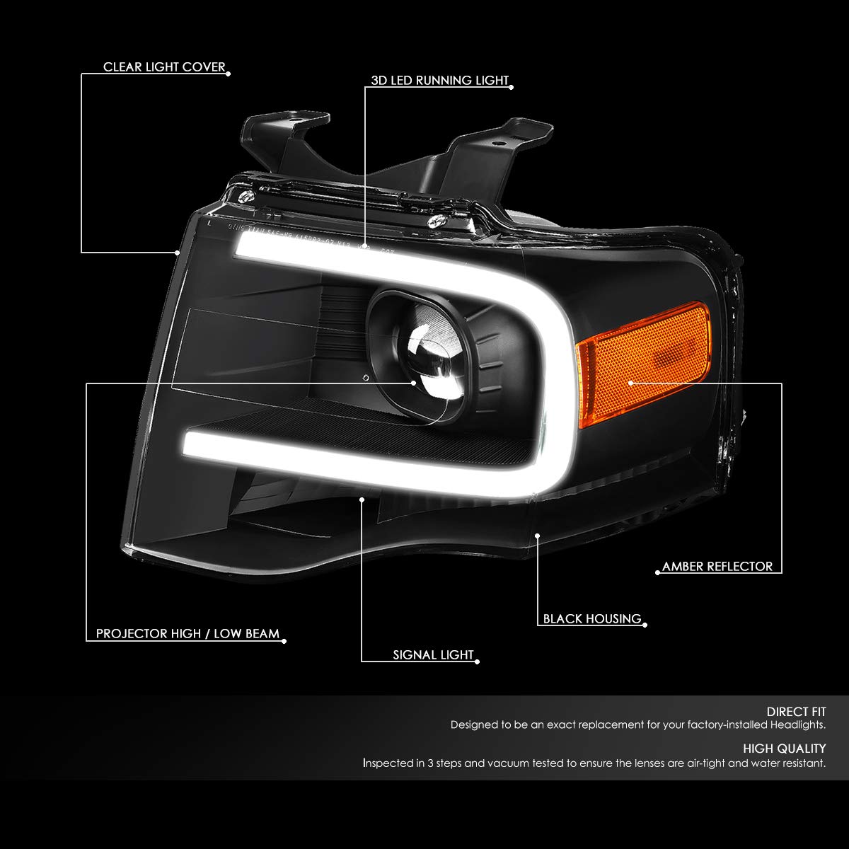 Auto Dynasty Halogen Model 3D LED DRL Projector Headlights Assembly Compatible with Ford Expedition 07-14, Driver and Passenger Side, Black Housing Amber Corner