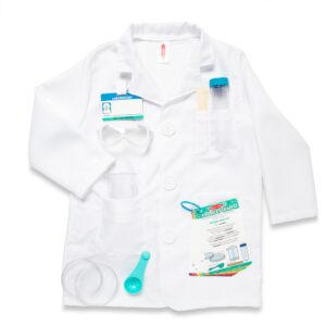 melissa & doug scientist role play costume set (x pcs) - lab coat, goggles, 6 experiments