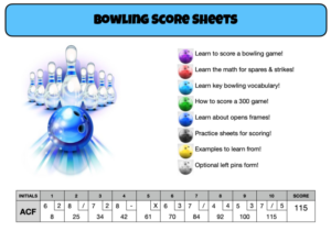 bowling score sheets - learn bowling vocab scoring and math keep score