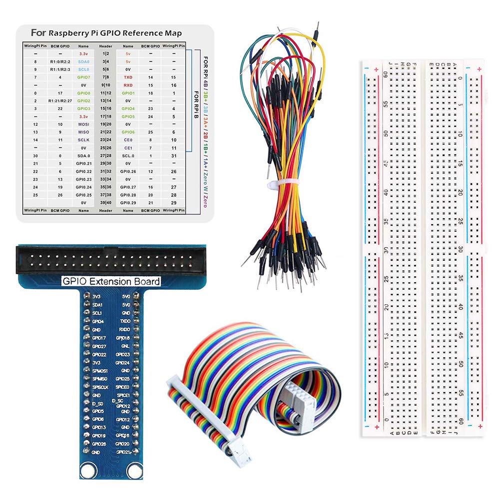 WayinTop RPi GPIO Breakout Expansion Kit for Raspberry Pi 4B 3B+ 3B 2B B+, T-Type GPIO Expansion Adapter Board + 830 Tie Points Solderless Breadboard + 40pin GPIO Flat Ribbon Cable + 65pcs Jumper Wire