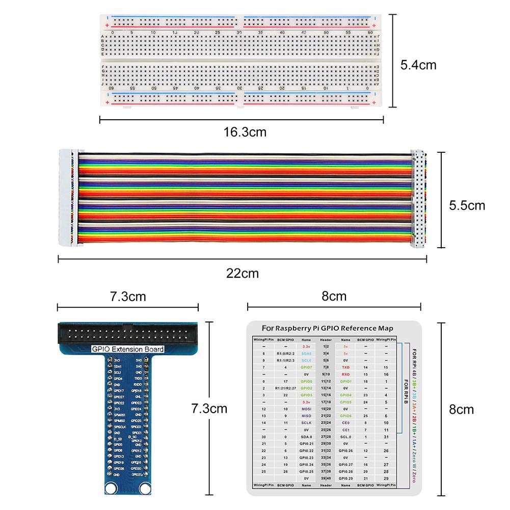 WayinTop RPi GPIO Breakout Expansion Kit for Raspberry Pi 4B 3B+ 3B 2B B+, T-Type GPIO Expansion Adapter Board + 830 Tie Points Solderless Breadboard + 40pin GPIO Flat Ribbon Cable + 65pcs Jumper Wire