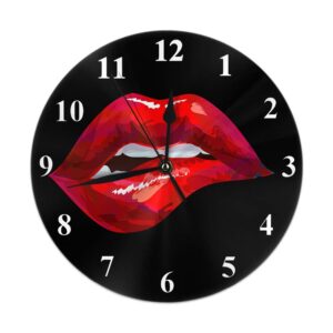 hgod designs red lips round wall clock,sexy biting lips round wall clock home garden wall decorative for bedroom office school art(10")