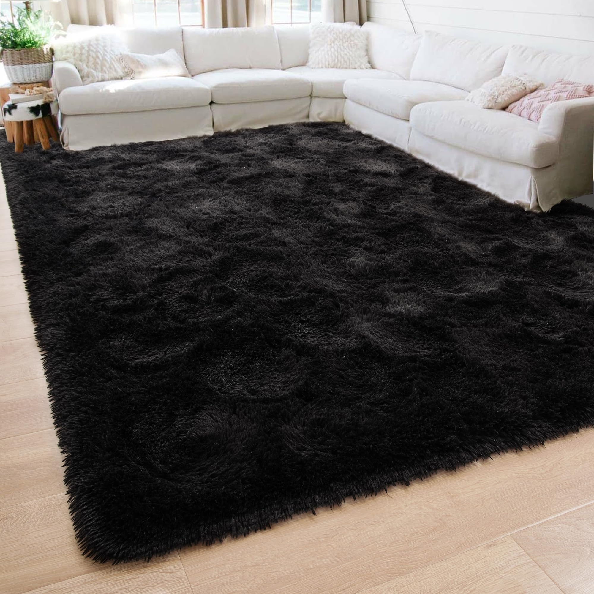 Beglad Soft Fluffy Area Rug Modern Shaggy Bedroom Rugs for Kids Room Extra Comfy Nursery Rug Floor Carpets Boys Girls Fuzzy Shag Fur Home Decor Rug, 5.3 ft x 7.5 ft, Black