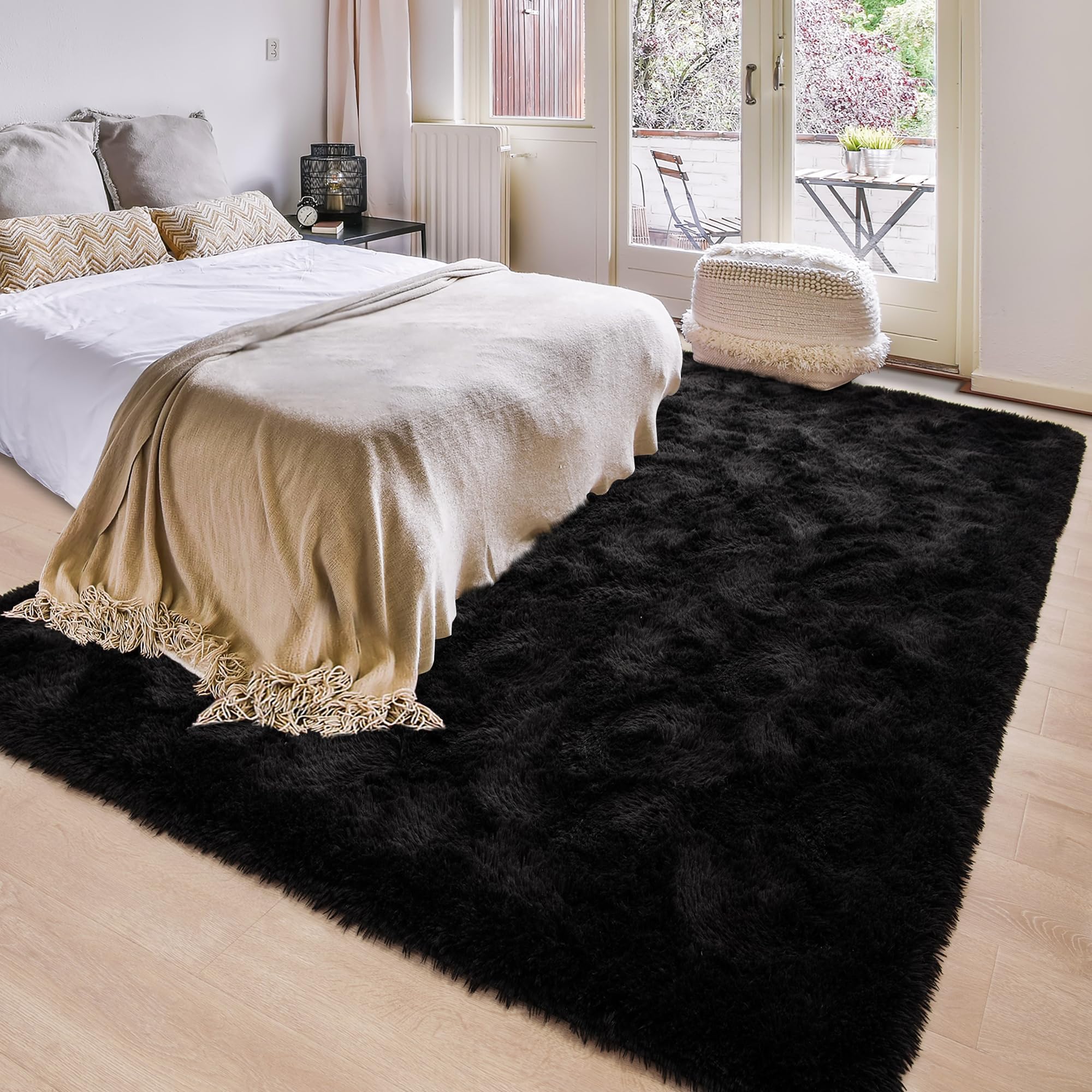 Beglad Soft Fluffy Area Rug Modern Shaggy Bedroom Rugs for Kids Room Extra Comfy Nursery Rug Floor Carpets Boys Girls Fuzzy Shag Fur Home Decor Rug, 5.3 ft x 7.5 ft, Black