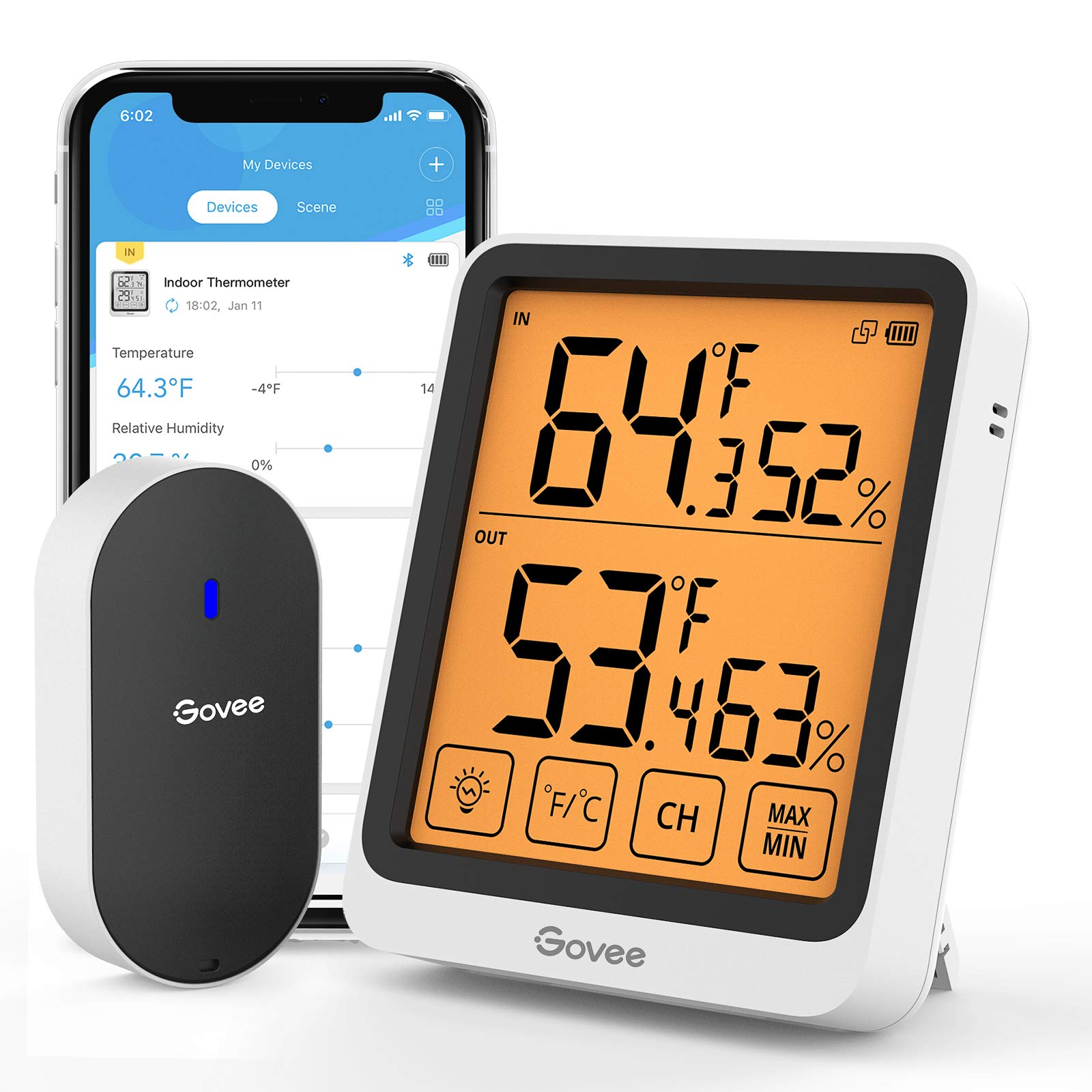 Govee Bluetooth Indoor Outdoor Thermometer, Digital Wireless Weather Hygrometer Humidity with App Notifications, 4.5-Inch Large LCD Touchscreen with Backlight, 2-Year Data Storage