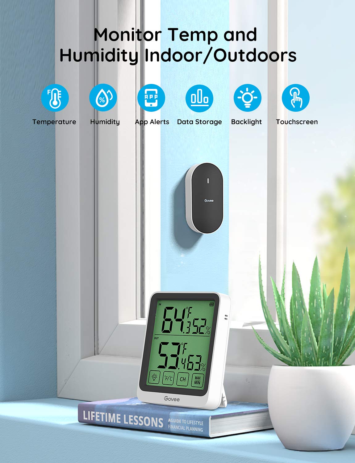 Govee Bluetooth Indoor Outdoor Thermometer, Digital Wireless Weather Hygrometer Humidity with App Notifications, 4.5-Inch Large LCD Touchscreen with Backlight, 2-Year Data Storage