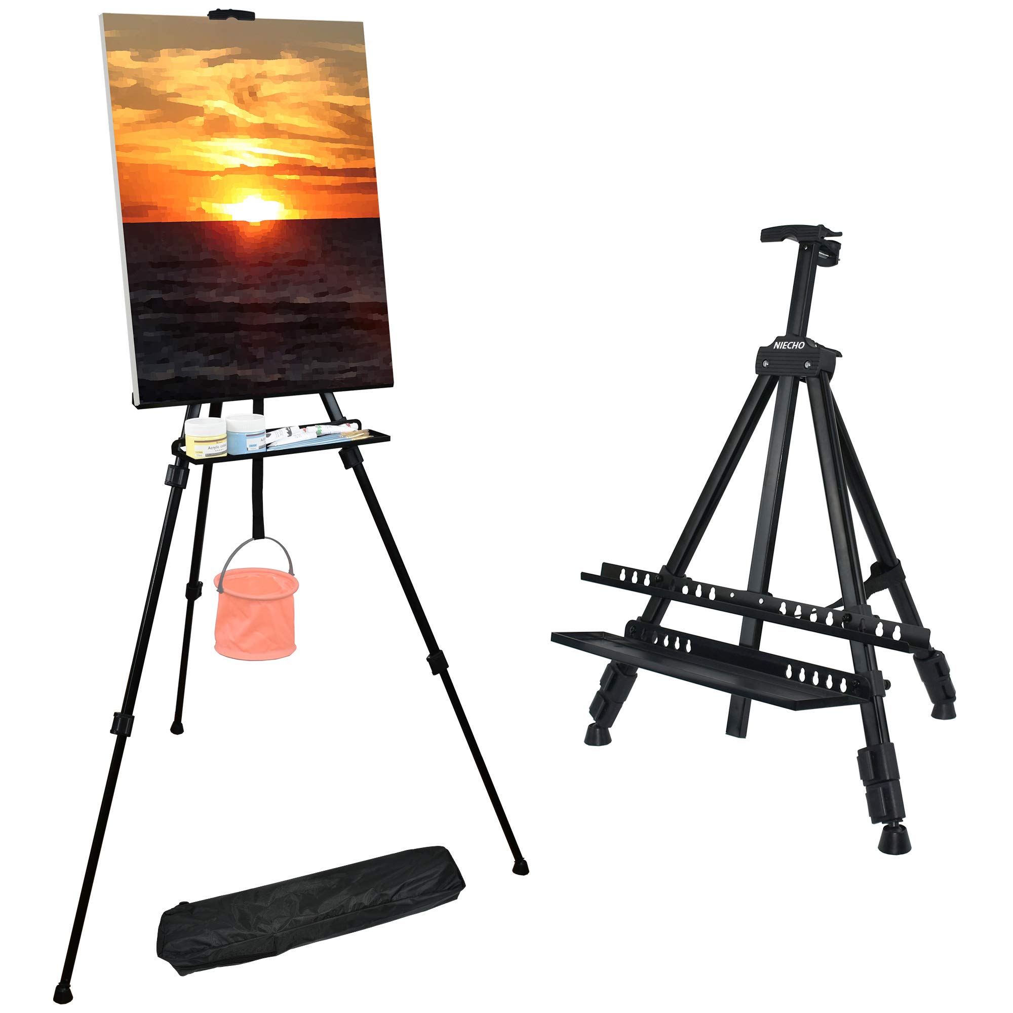 NIECHO 66 Inches Easel Stand with Tray, Aluminum Metal Art Easel Artist Tripod Adjustable Height from 17" to 66" with Carry Bag for Table-Top/Floor Painting and Displaying