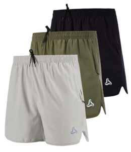 silkworld men's running stretch quick dry shorts with zipper pockets(pack of 3), black, army green, light grey, medium