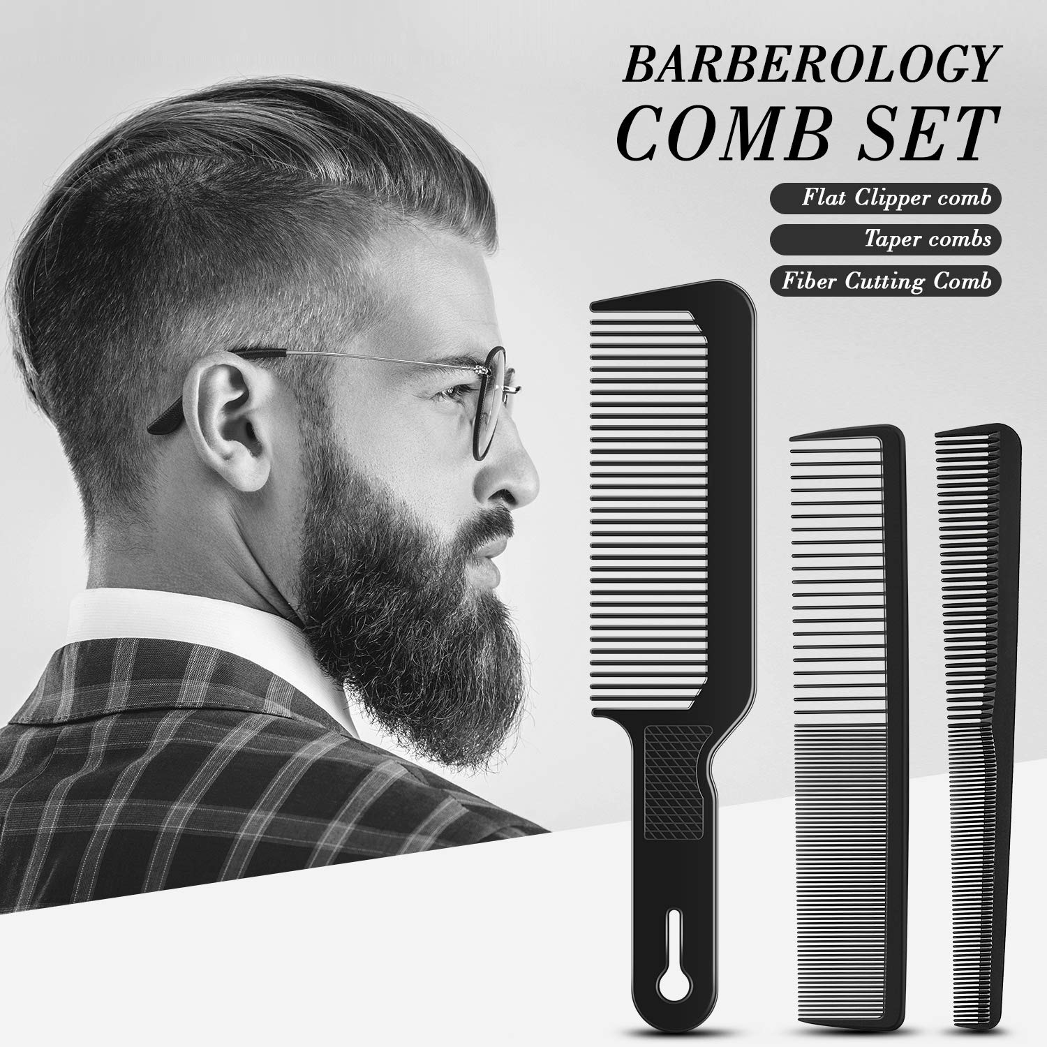 3 Pieces Men Barber Comb Set Taper Hair Cutting Flat top Clipper Flattop Barberology Comb Heat-Resistant Fiber Comb for Men Women