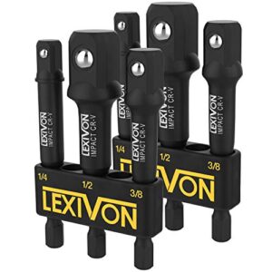 lexivon [2-pack] impact grade socket adapter set, 3" extension bit with holder | 3-piece 1/4", 3/8", and 1/2" drive, adapt your power drill to high torque impact wrench (lx-101x2)