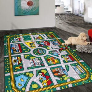 Rugshop Kids Educational Learning City Life Road Non Skid (Non Slip) Area Rug 5' x 7' Green