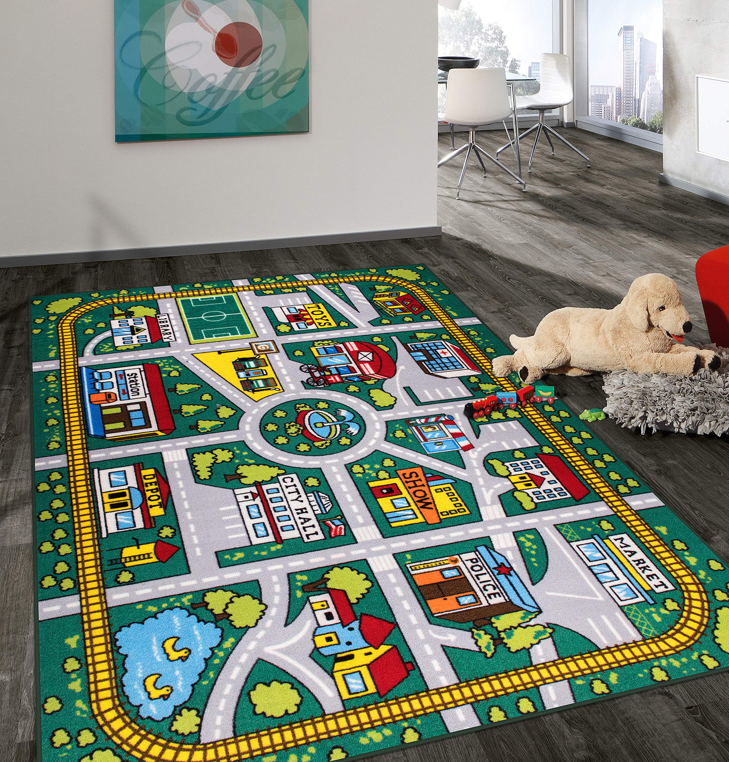 Rugshop Kids Educational Learning City Life Road Non Skid (Non Slip) Area Rug 5' x 7' Green