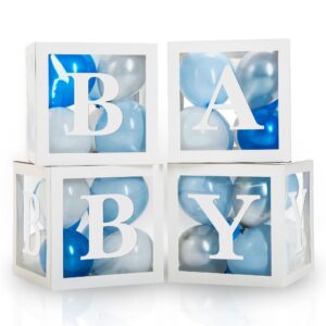 baby boxes with letters for baby shower - baby shower decorations of 44 pcs, 32 blue silver white balloons, 4 white blocks, 8 letters, perfect party decor