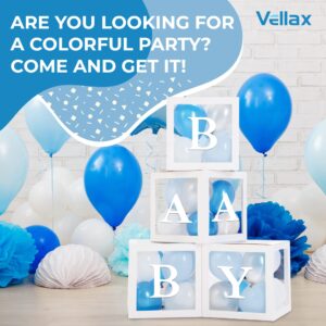 Baby Boxes with Letters for Baby Shower - Baby Shower Decorations of 44 pcs, 32 Blue Silver White Balloons, 4 White Blocks, 8 Letters, Perfect Party Decor