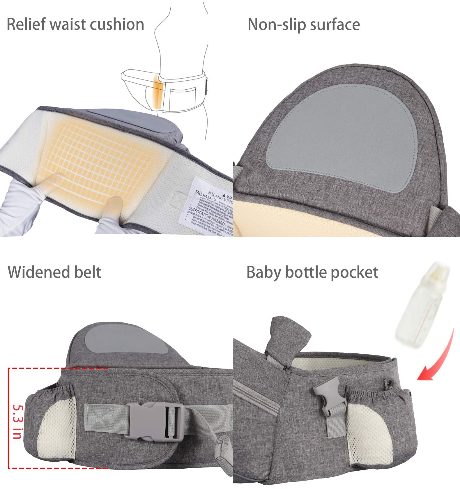 Baby Hip Seat Carrier Baby Waist Stool for Child Infant Toddler with Adjustable Strap Buckle Pocket Soft Inner Huge Storage (Dark Grey)