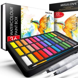 misulove watercolor paint set, 36 colors in gift box with bonus watercolor paper and brush, painting kit for kids 6-12, adults, artists