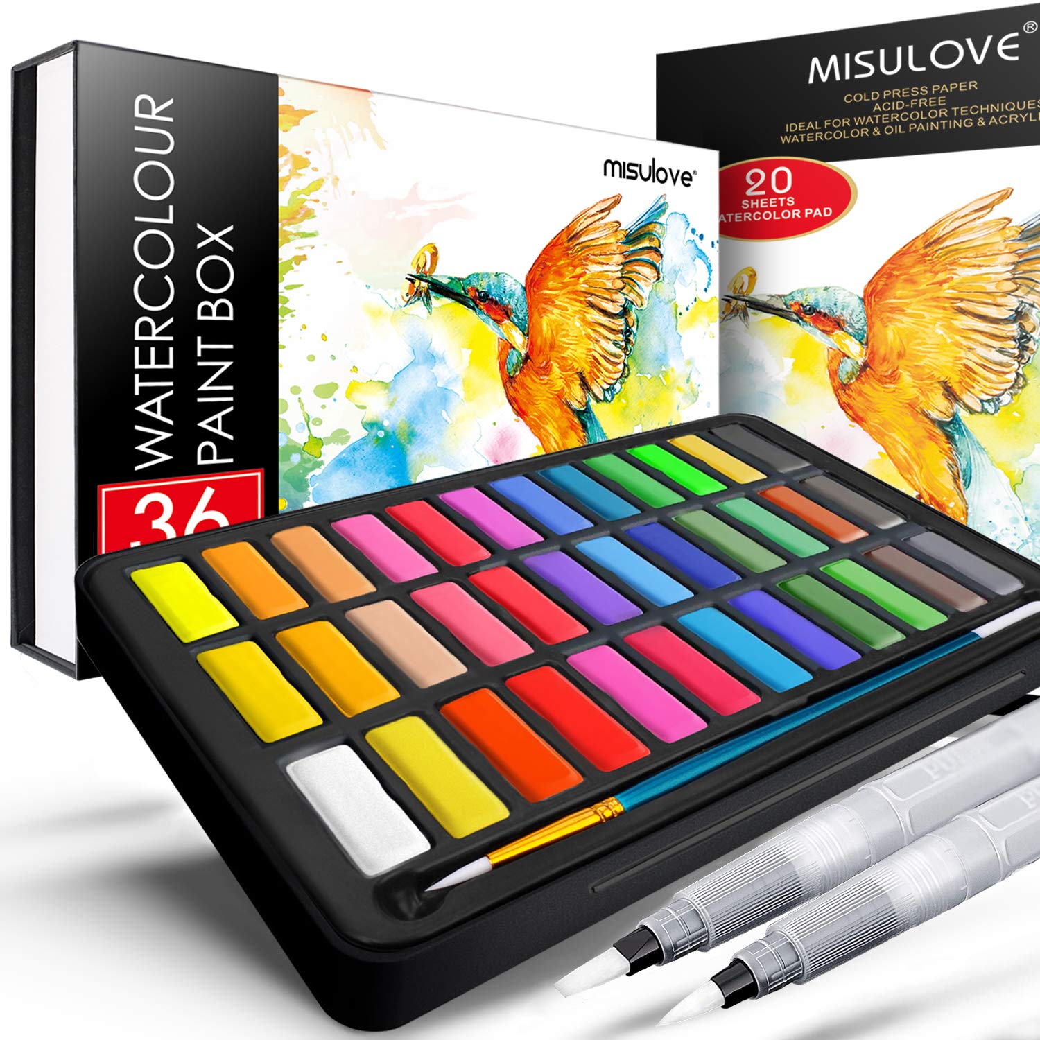 MISULOVE Watercolor Paint Set, 36 Colors in Gift Box with Bonus Watercolor Paper and Brush, Painting Kit for Kids 6-12, Adults, Artists