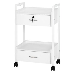 salon trolley cart for beauty spa, wooden rolling storage station, white mobile utility cabinet with 2 drawers 1 lockable, medical esthetic supply holder for massage tattoo facials