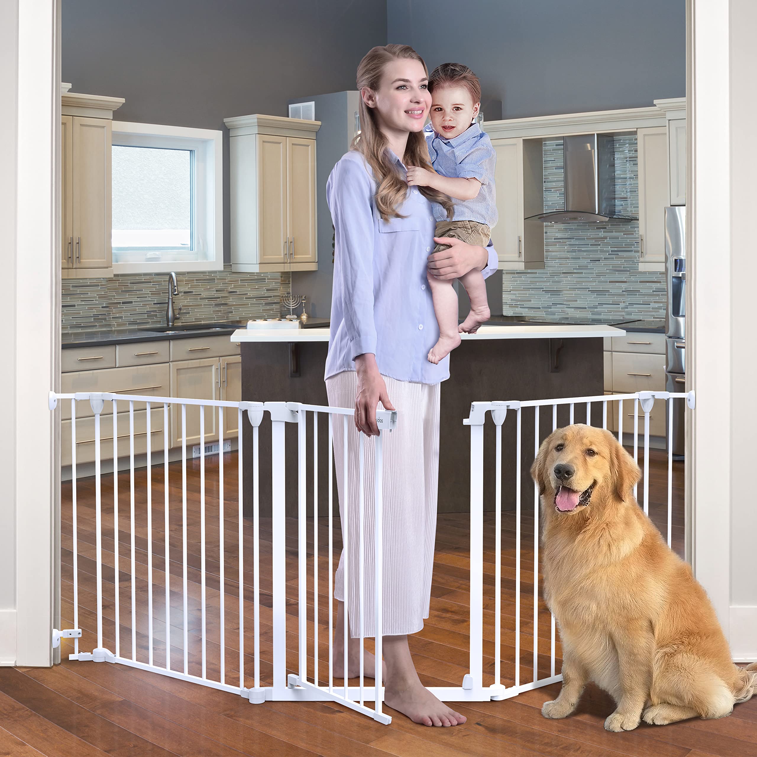 Tokkidas 24.4”-80” Auto Close Baby Gate, Extra Wide Dog Gate with One Hand Operation, Hardware Mount, Foldable 3 Steel Panels Angle, Deluxe Walk Thru Pet Gate for Stairs, Doorways, Kitchen, 29” Height