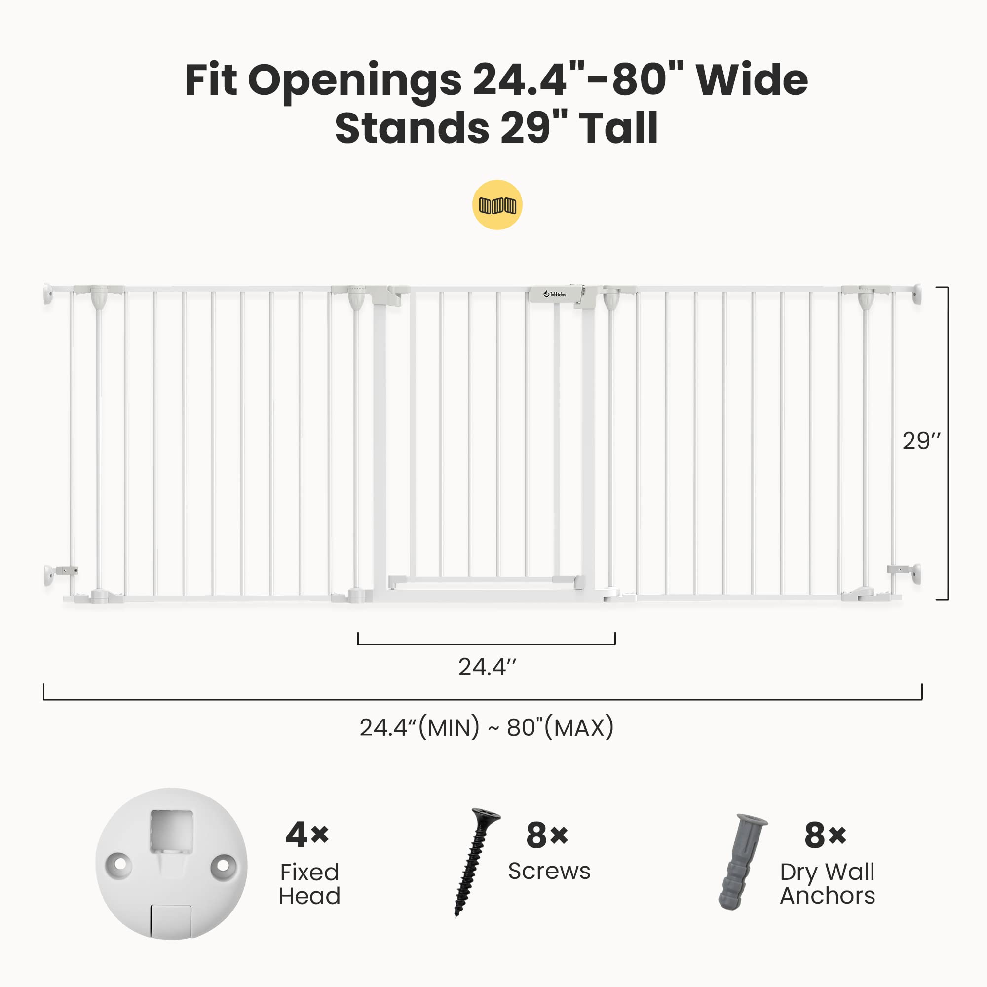 Tokkidas 24.4”-80” Auto Close Baby Gate, Extra Wide Dog Gate with One Hand Operation, Hardware Mount, Foldable 3 Steel Panels Angle, Deluxe Walk Thru Pet Gate for Stairs, Doorways, Kitchen, 29” Height