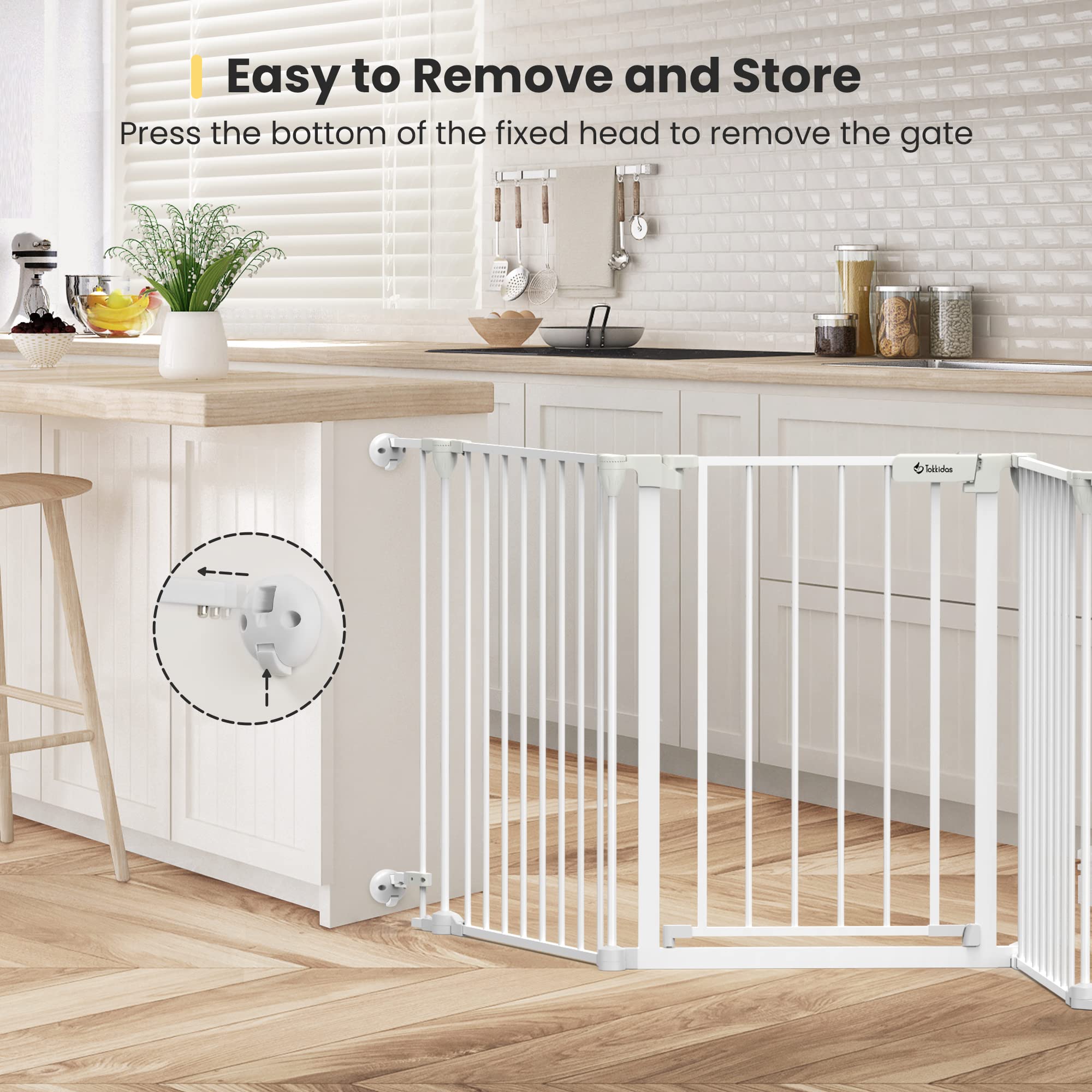 Tokkidas 24.4”-80” Auto Close Baby Gate, Extra Wide Dog Gate with One Hand Operation, Hardware Mount, Foldable 3 Steel Panels Angle, Deluxe Walk Thru Pet Gate for Stairs, Doorways, Kitchen, 29” Height