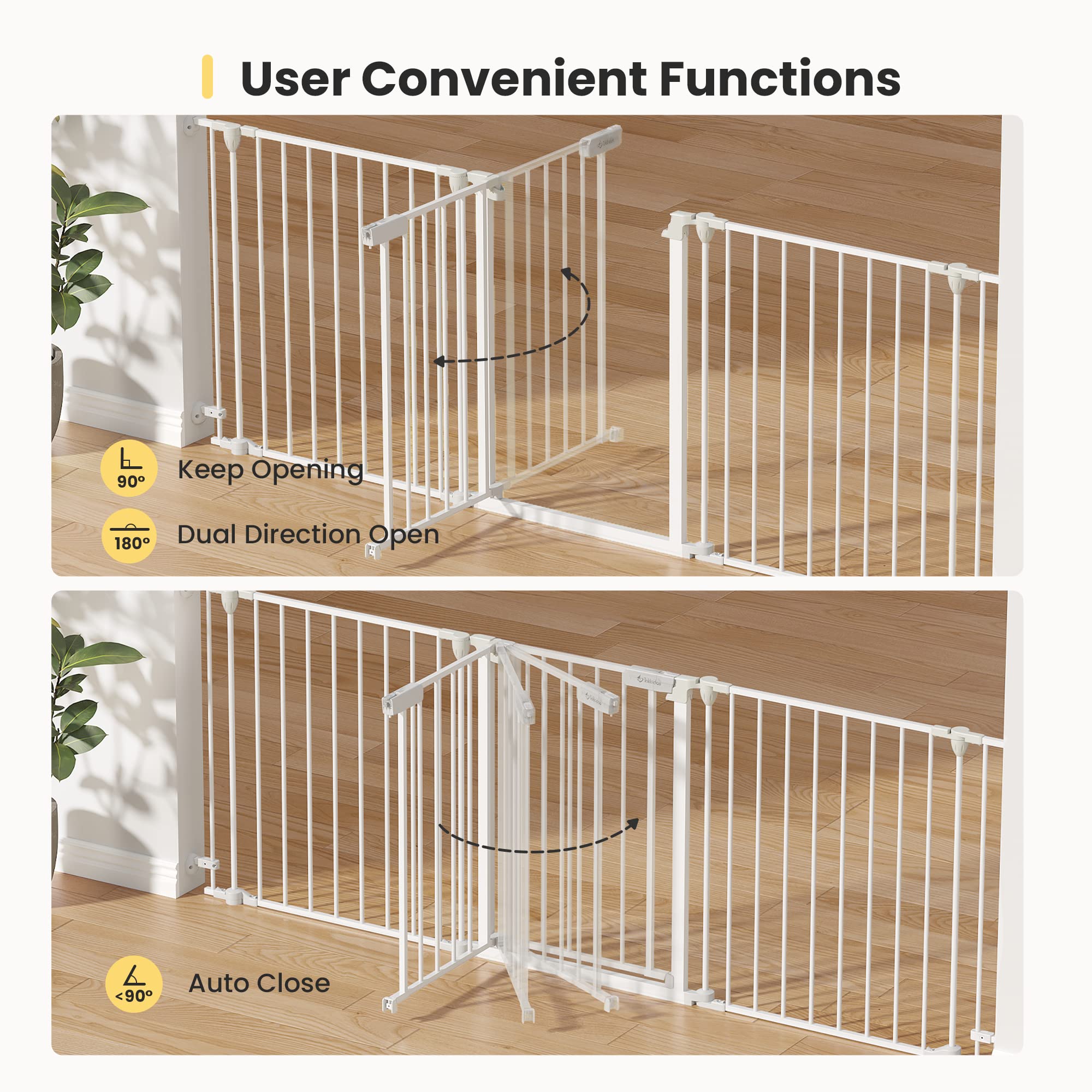 Tokkidas 24.4”-80” Auto Close Baby Gate, Extra Wide Dog Gate with One Hand Operation, Hardware Mount, Foldable 3 Steel Panels Angle, Deluxe Walk Thru Pet Gate for Stairs, Doorways, Kitchen, 29” Height