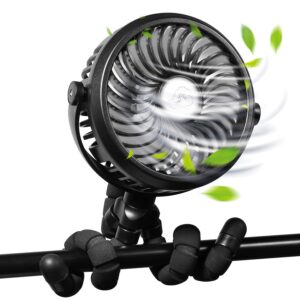 wgcc mini handheld personal portable fan, stroller fan clip on baby with flexible tripod, baby stroller fan usb or battery desk fan with 3 speeds versatile fan for car seat crib bike desk (black)