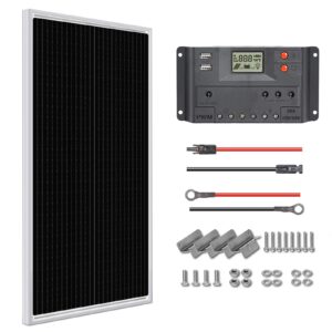 weize 100 watt 12 volt solar panel, high-efficiency monocrystalline pv module with 10a pwm charge controller for home, camping, boat, caravan, rv, and other off-grid applications