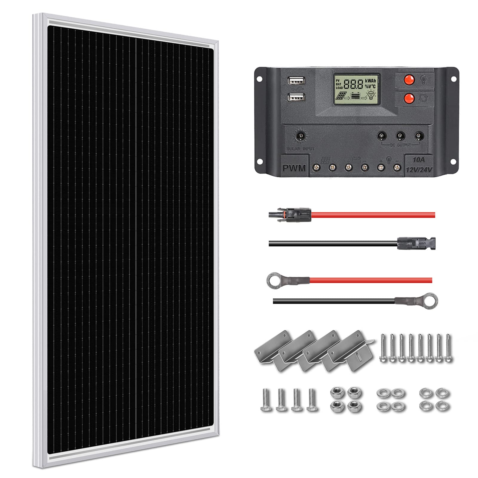 WEIZE 100 Watt 12 Volt Solar Panel, High-Efficiency Monocrystalline PV Module with 10A PWM Charge Controller for Home, Camping, Boat, Caravan, RV, and Other Off-Grid Applications