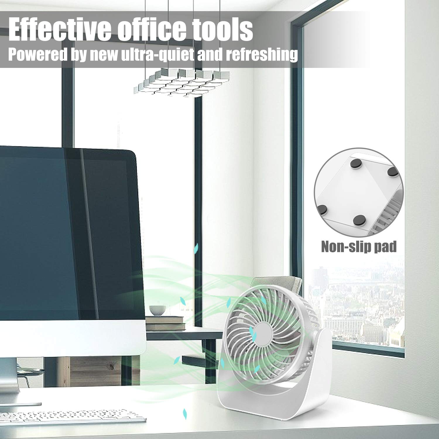 Zingiber Table fans, Portable USB fans with 360°Rotation, Battery Operated and USB Powered, Fast Air Circulating, Super Lower Noise, 3 Speeds Mini Fan for Office, Home and Travel Personal fans (White)