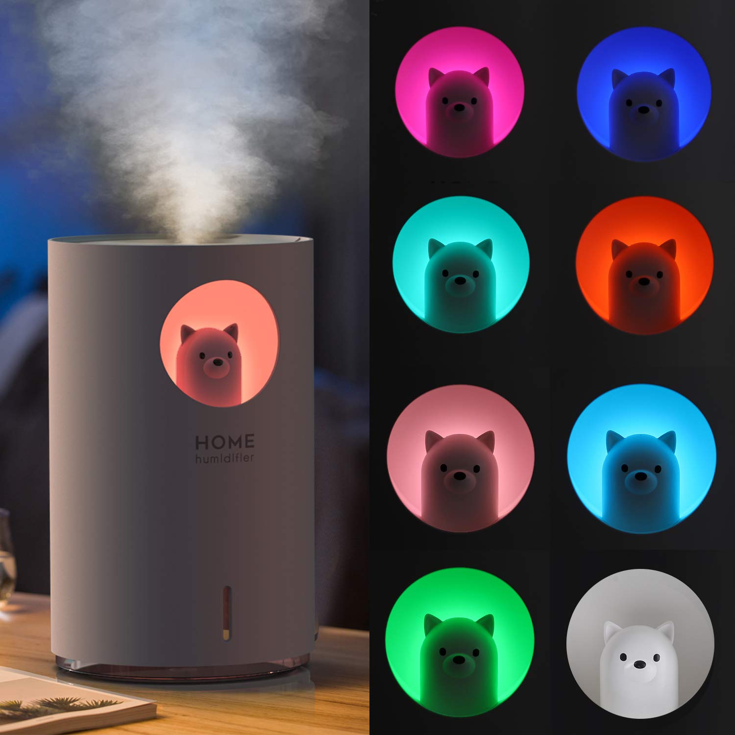 700mL Humidifiers for Bedroom Home Office,SIXKIWI Cute Bear Cool Mist Humidifier USB Ultrasonic,2 Mist Mode Timer 18hrs Auto Shut-Off 7 Color LED Lights for Babies(White)