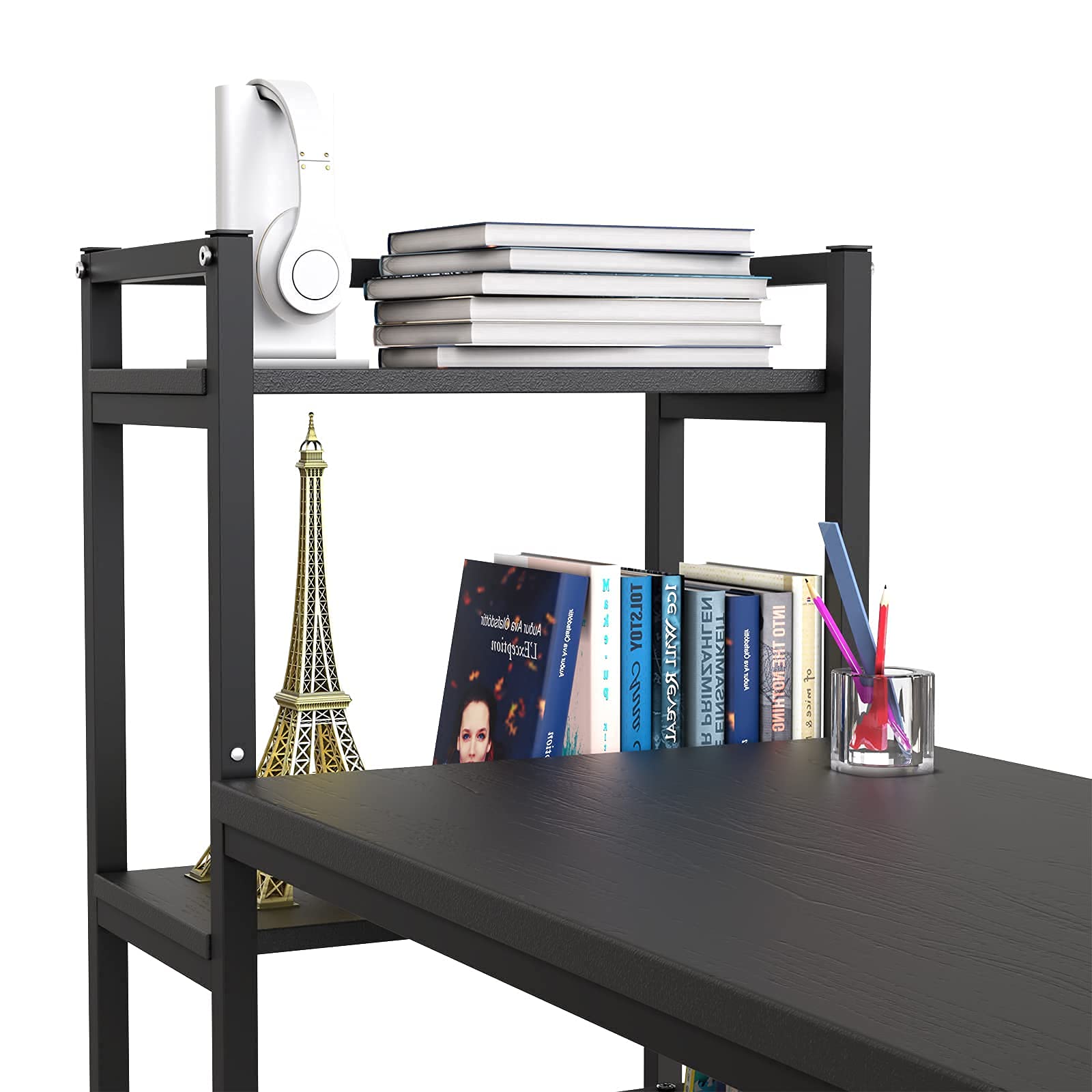 CharaVector Tower Computer Desk 60 inch with 4 Tier Storage Shelves ，Modern Writing Desk with Bookshelf PC Desk Study Writing Table for Home Office，Black