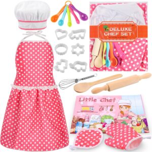 kids cooking baking set 19pcs, kids chef role play costume set - chef hat and matching pink apron children dress up pretend gift for 3 4 5 6 7 8 year old girls toys