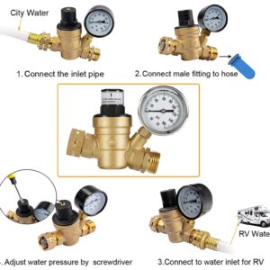 RV Water Pressure Regulator,Water Pressure Regulator for RV Camper Adjustable,RV Water Pressure Regulator with Gauge 160psi,Adjustable Water Pressure Regulator for RV Camper Travel Trailer